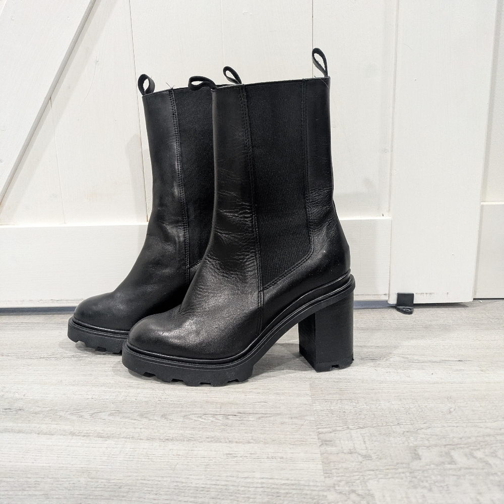 Annabelle Black Leather Chunky Heel Boots